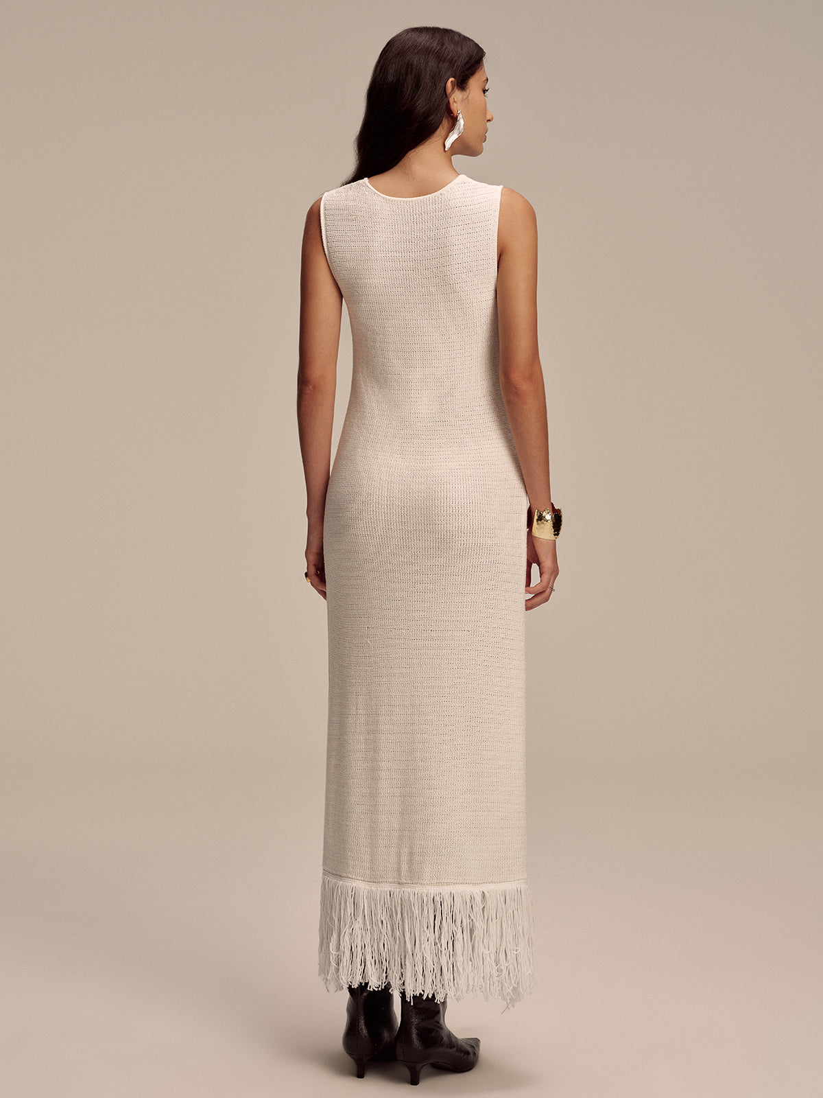 Fringe Hem Sleeveless Knit Maxi Dress with Side Slits and Tie Waist