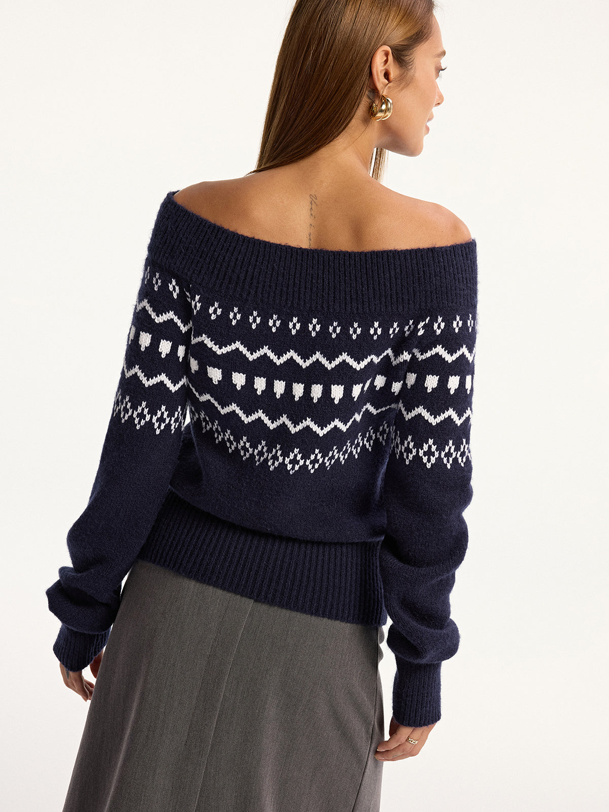 Off-Shoulder Fair Isle Knit Sweater for Winter Coziness