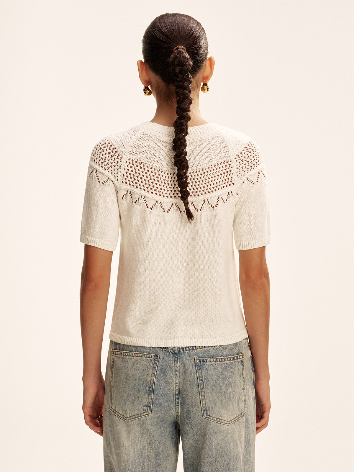 Short-Sleeve Eyelet Knit Sweater for Women Comfort Fit Pullover