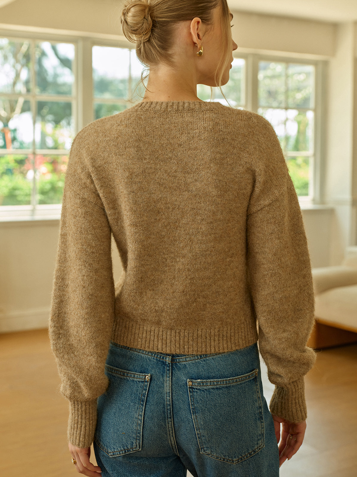 Triangle Button Wool Blend Cardigan with Pockets and Shawl Collar