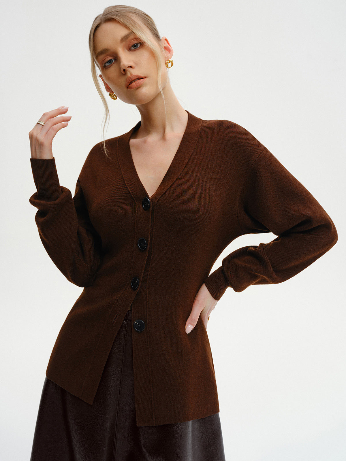 Wool-Blend V-Neck Button-Down Cardigan Cozy Lightweight Sweater
