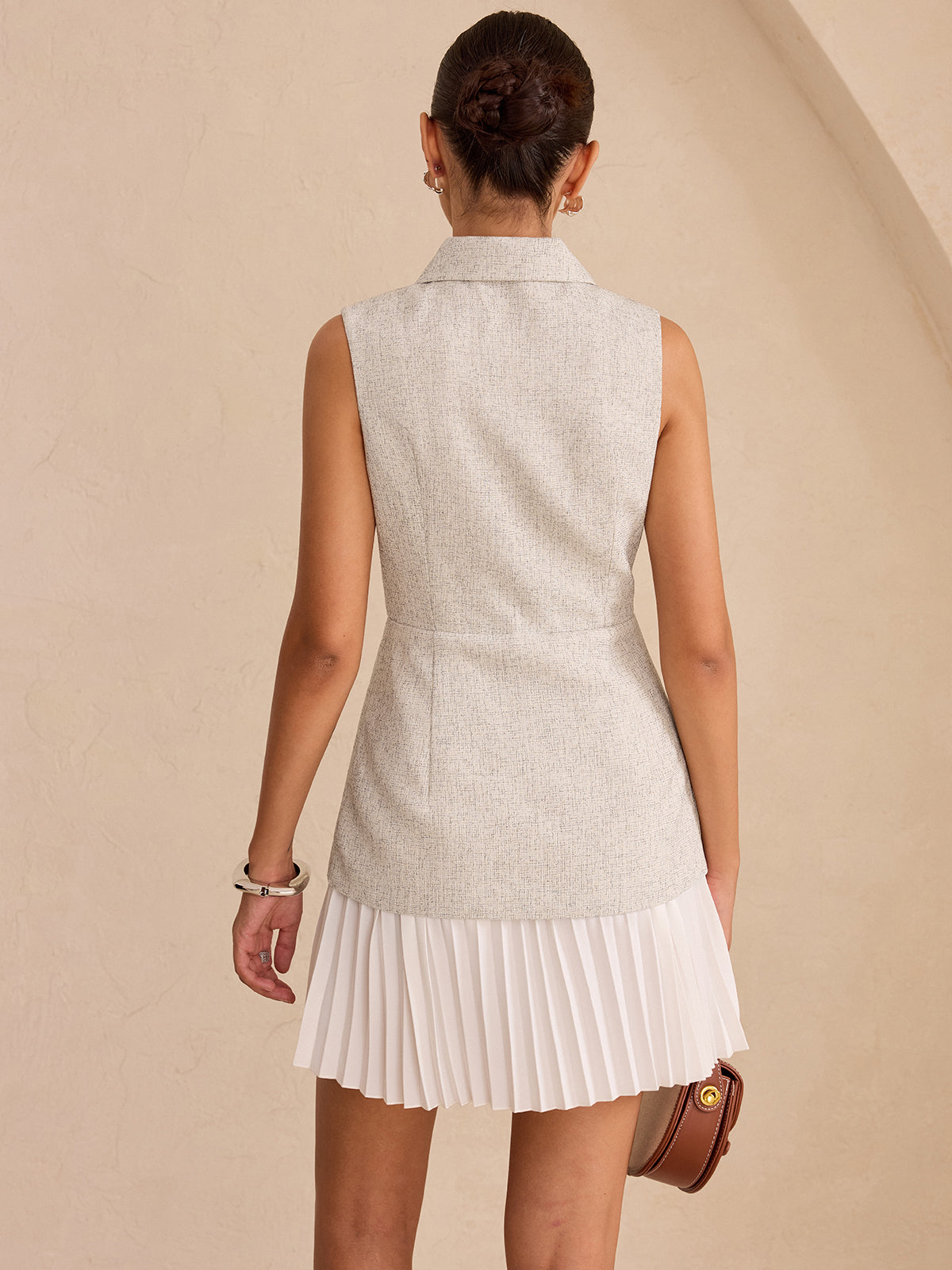 Sleeveless Collared Top Panel Pleated Skirt Mini Dress for Women Casual Summer Wear