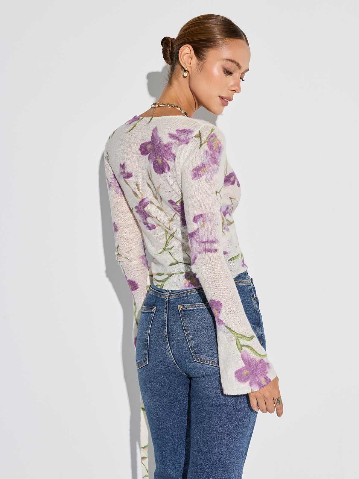 Floral Print Wrap Tie Knit Top for Women Spring Fashion