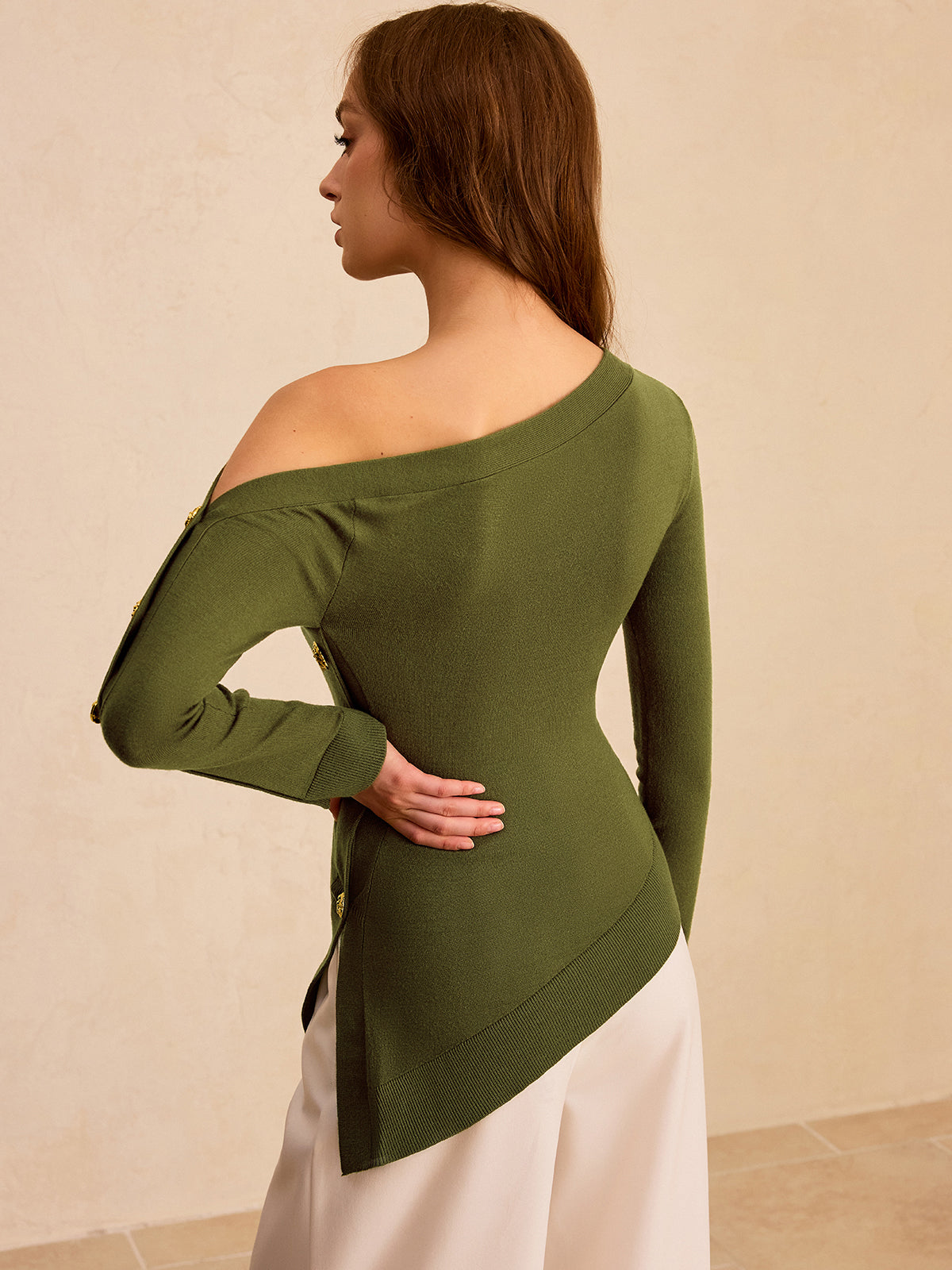 One-Shoulder Metal Detail Asymmetric Knit Top Women's Fashion Shirt