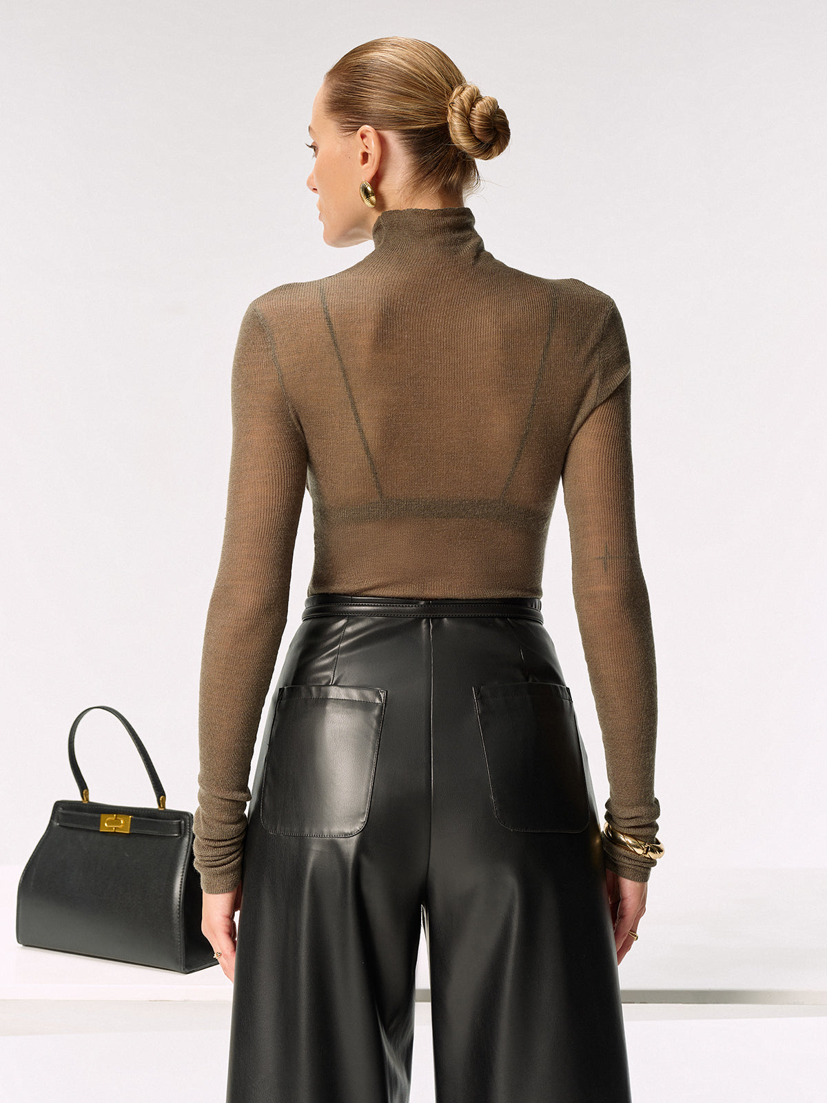 Wool Blend Fitted Sheer Turtleneck Knit Top - Lightweight Thermal Women's Sweater