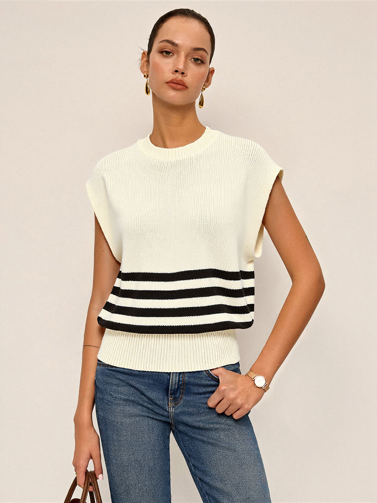 Cropped Stripe Sweater Vest for Women Casual Spring Wear