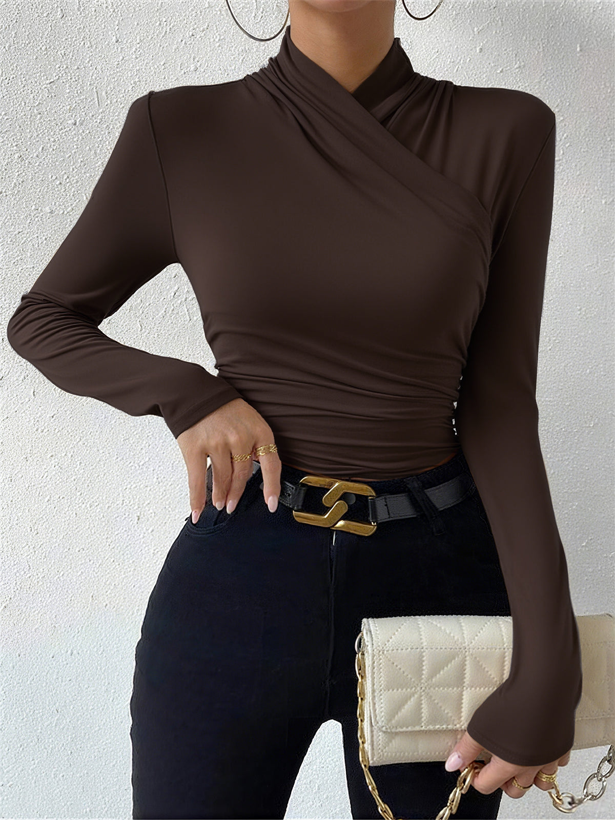 Cross-Over Collar Pleated Cinched T-Shirt with Elastic Waistband
