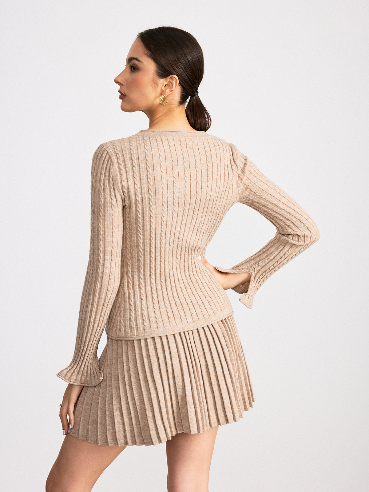 Cable-Knit V-Neck Cardigan and Pleated Skirt Set for Women - Cozy Winter Wear