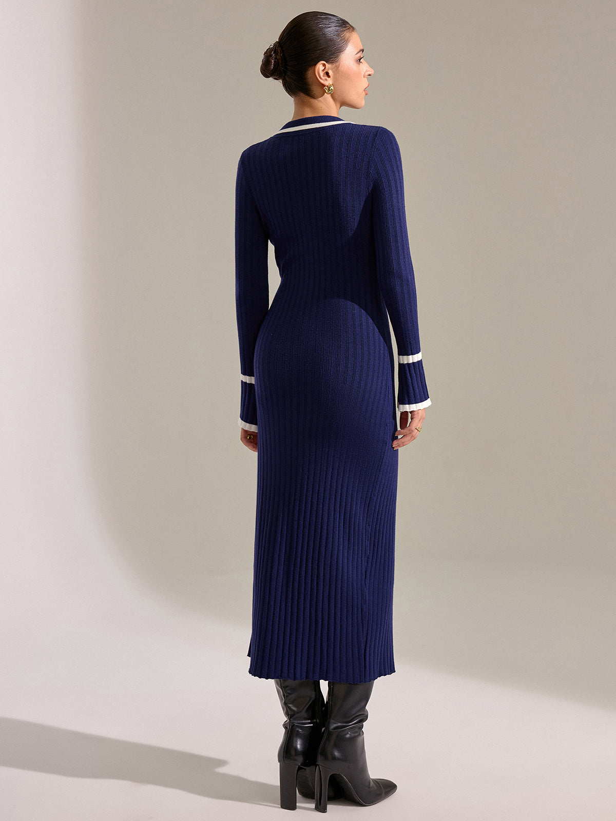 Contrast Trim Button Front Slim Fit Midi Dress with Belt Detail