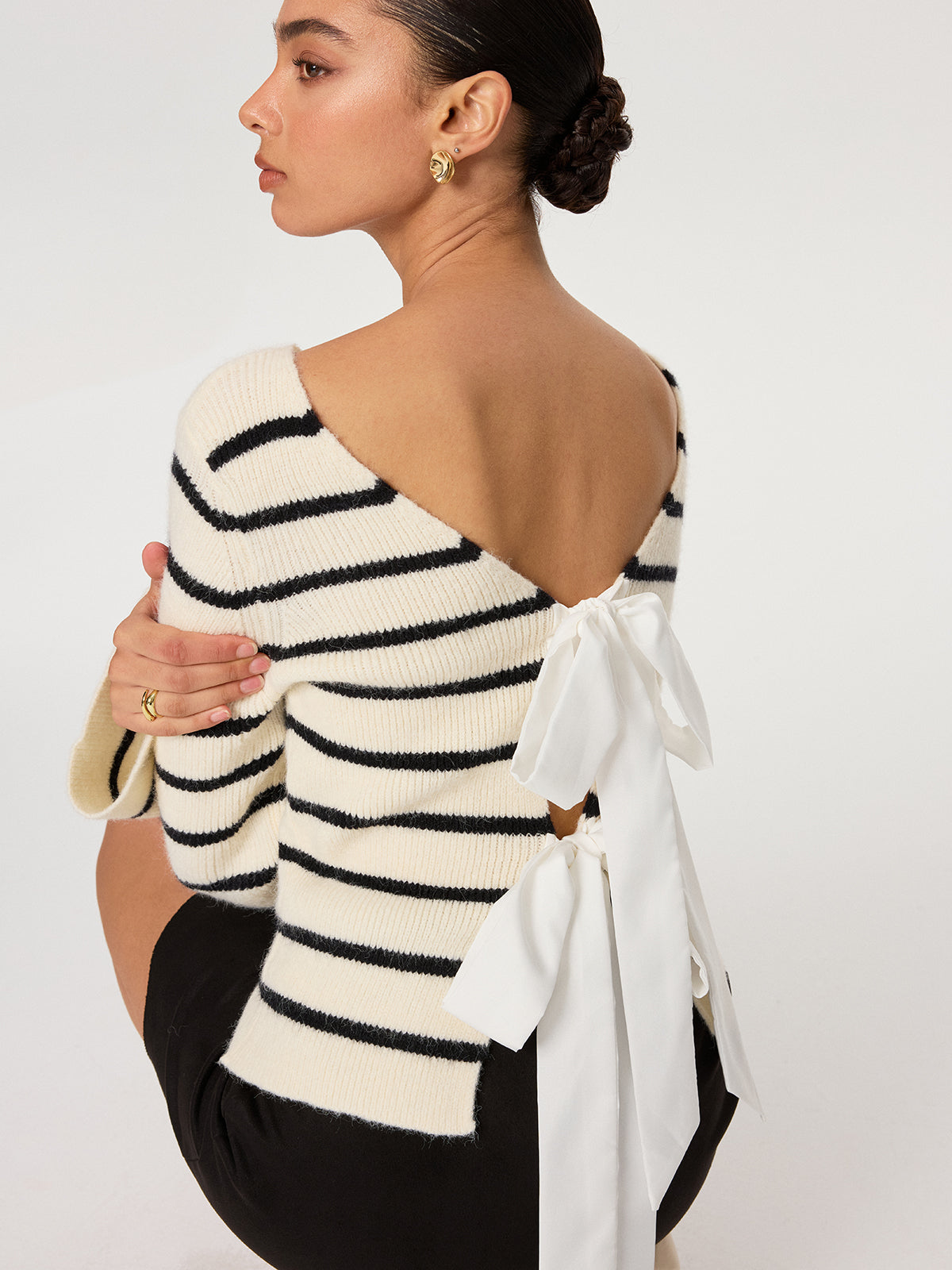 Reversible Striped Bow Cardigan with Tie Front Closure