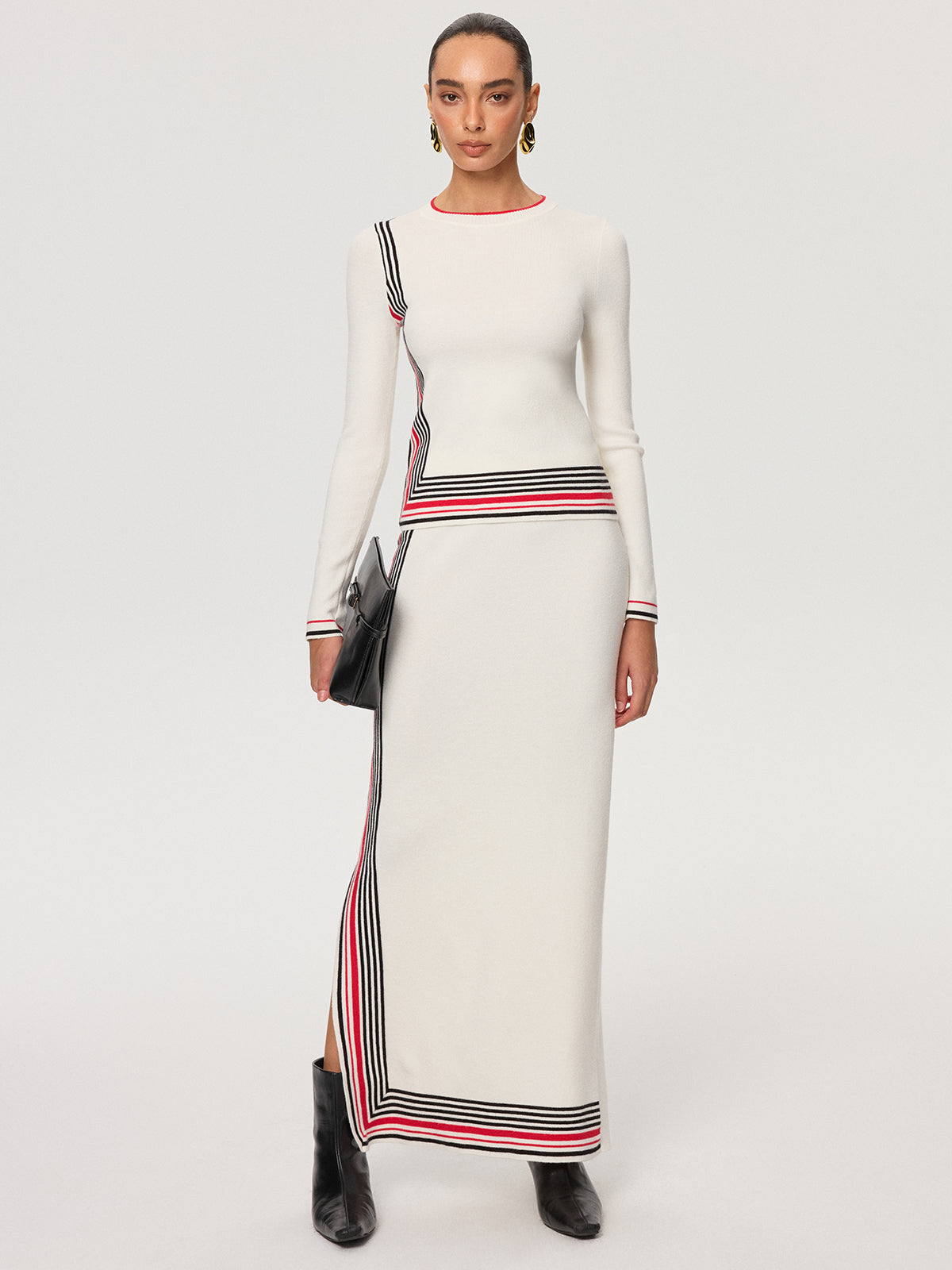 Striped Wool-Blend Slit Maxi Skirt for Women Winter Fashion