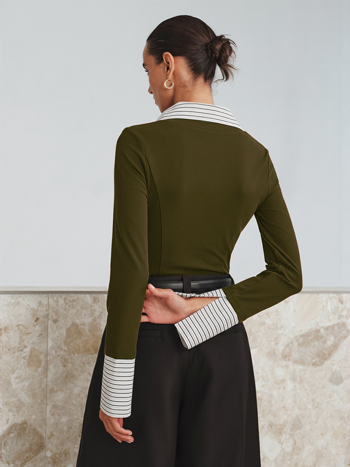 Mock Two-Piece Long-Sleeve Two Tone Polo Top for Casual Wear