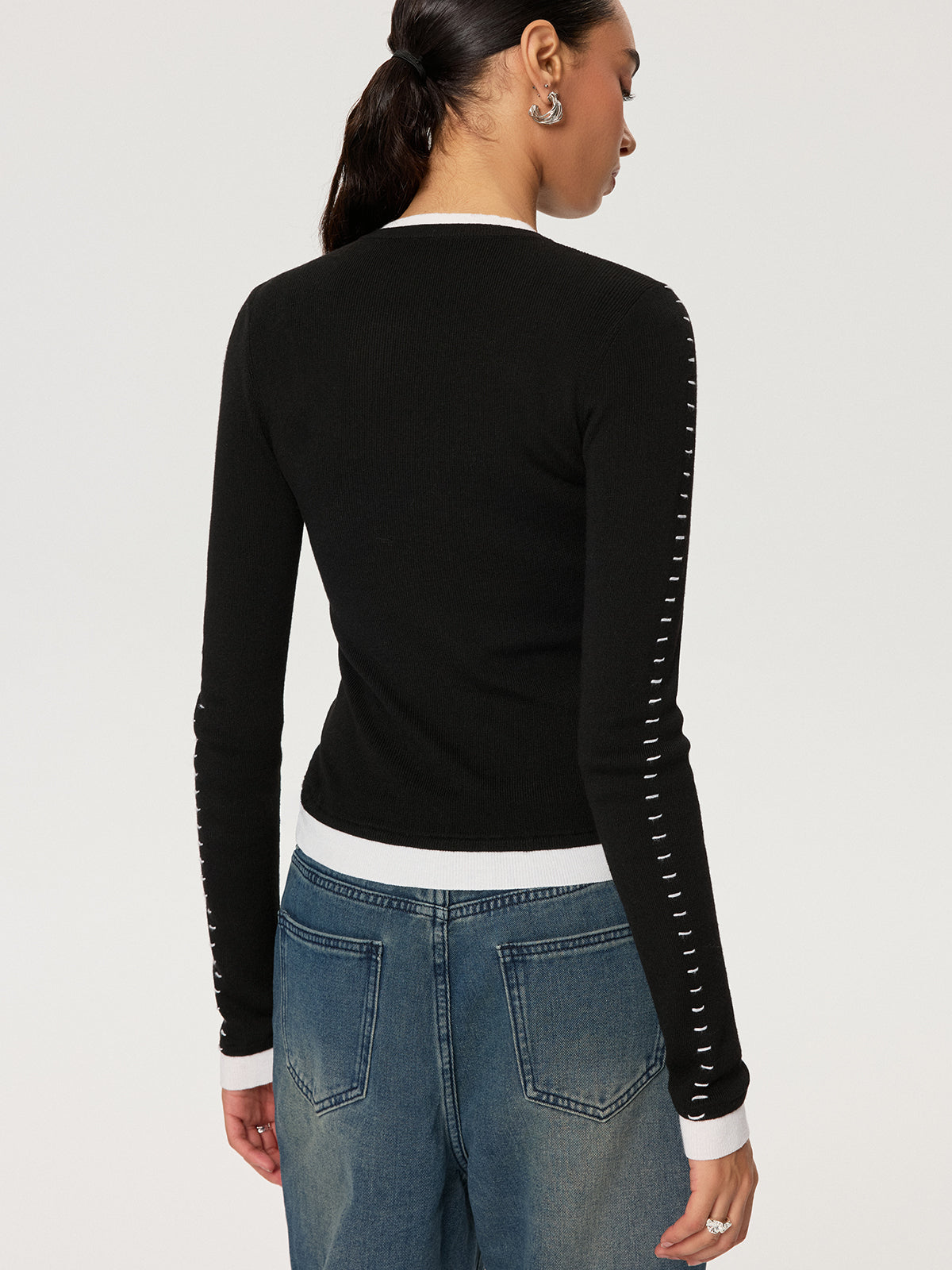 Contrast Stitch Wool-Blend Knit Top Perfect for Layering