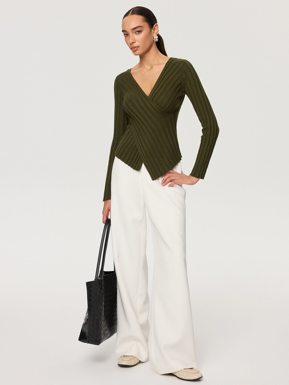 Cross-Over V-Neck Fitted Ribbed Knit Top for Women, Casual and Stylish