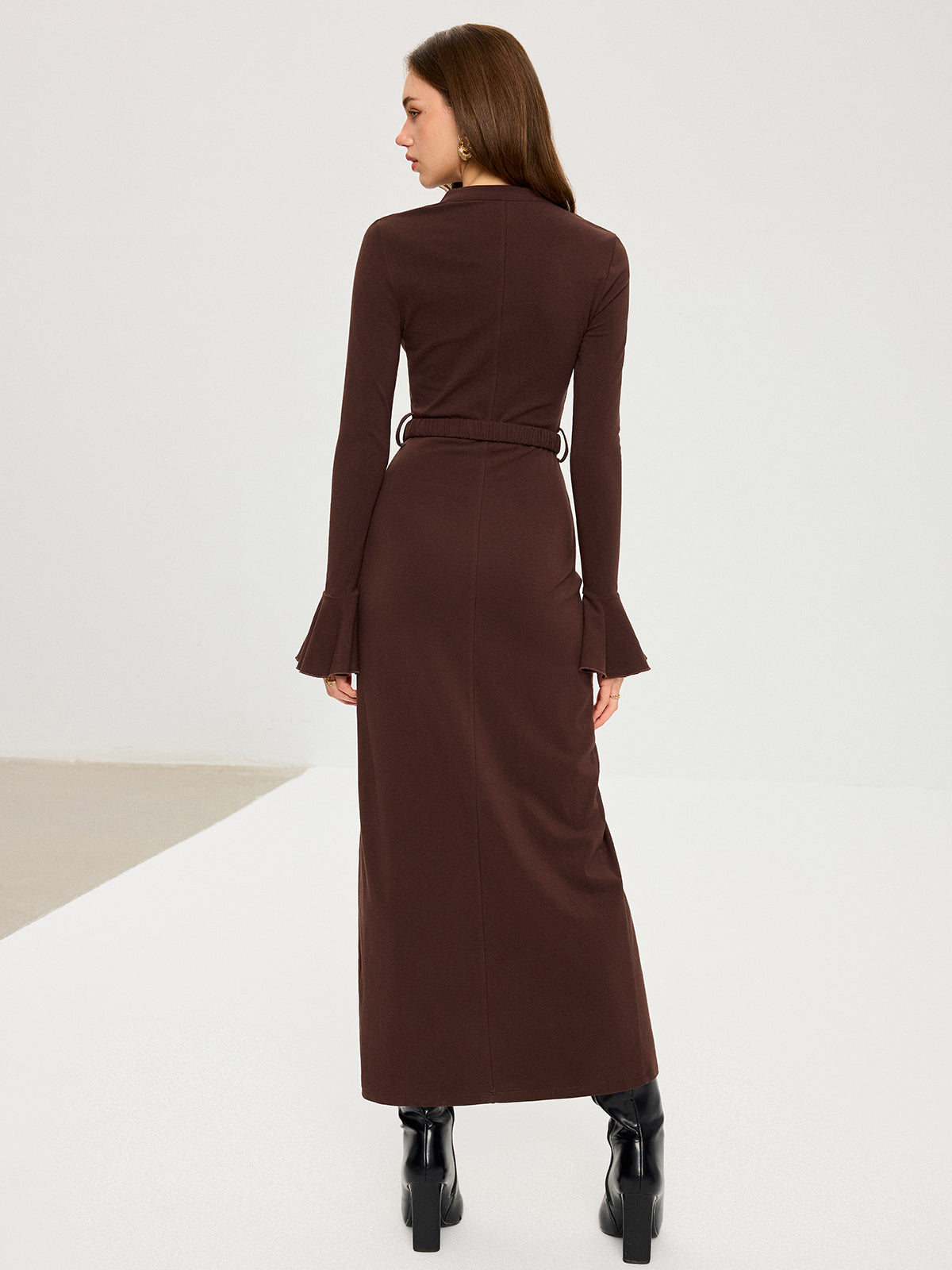 Flared Cuff Button-Front Maxi Dress Elegant Long Sleeve Evening Wear