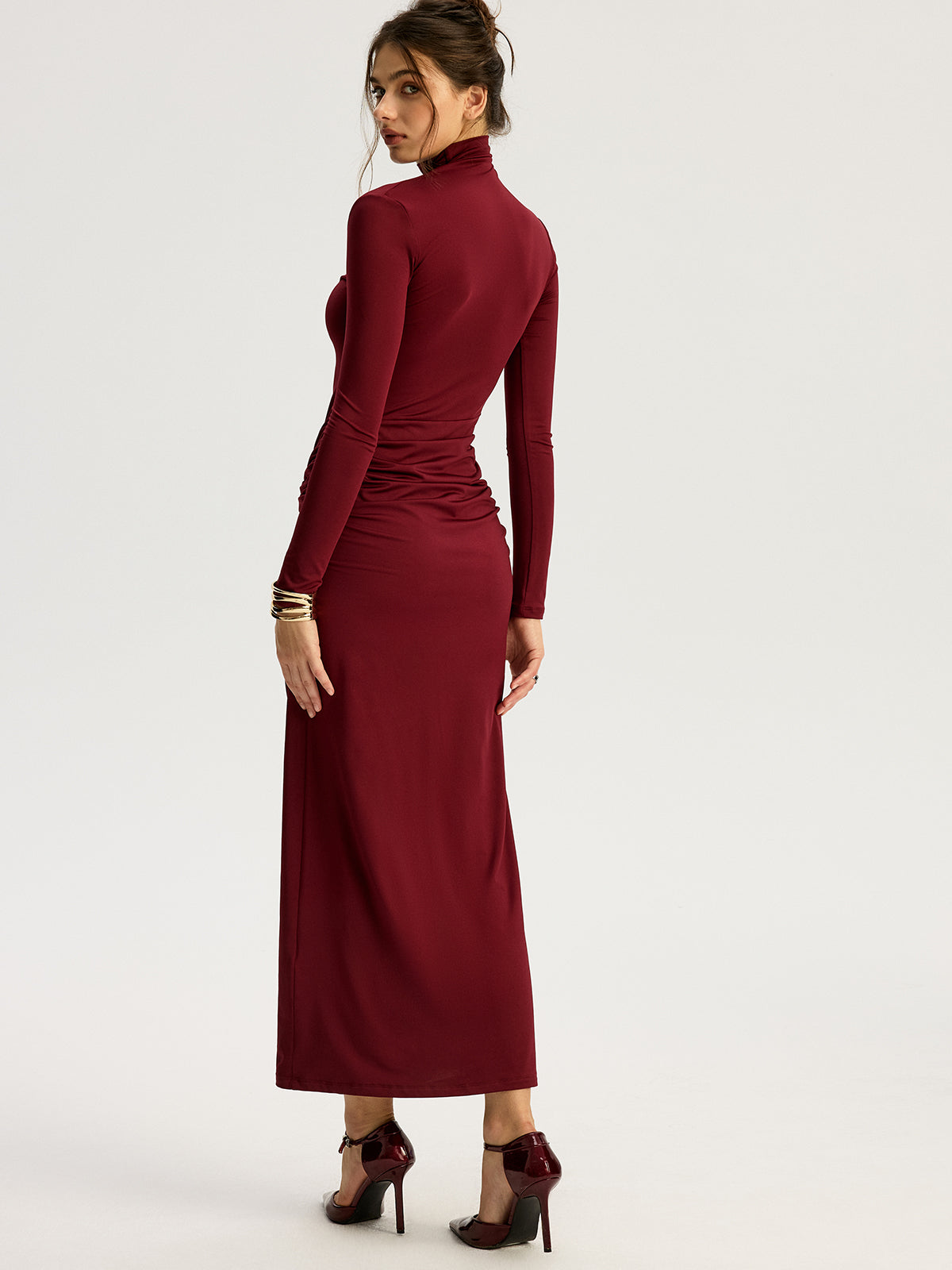 Metal Flower Slit Ruched Mock Neck Maxi Dress for Women | Elegant Evening Gown