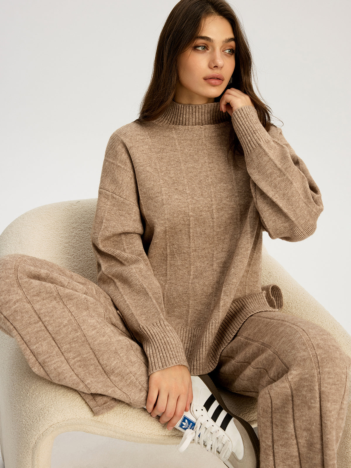 Soft Wide Rib Exposed Seam Jumper and Wide Leg Co-ord with Trendy High Waist Fit