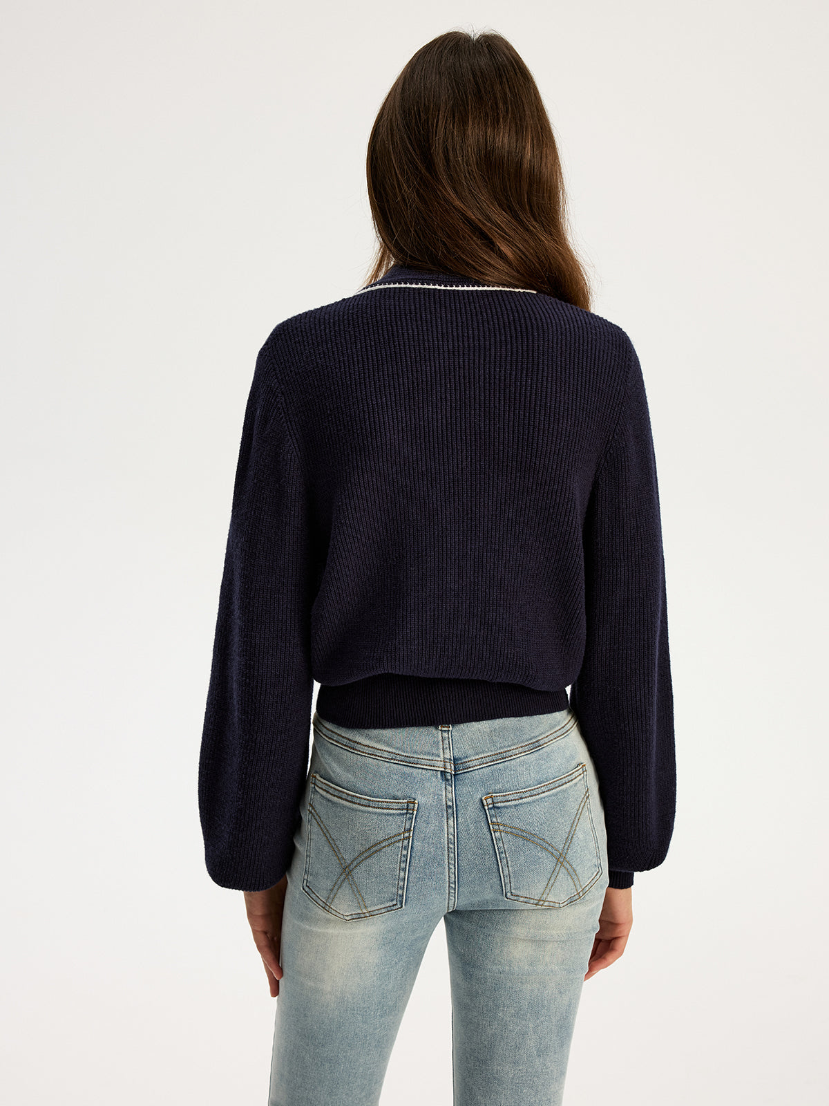 Tie Neck Button Knit Top - Women's Casual Long Sleeve Pullover
