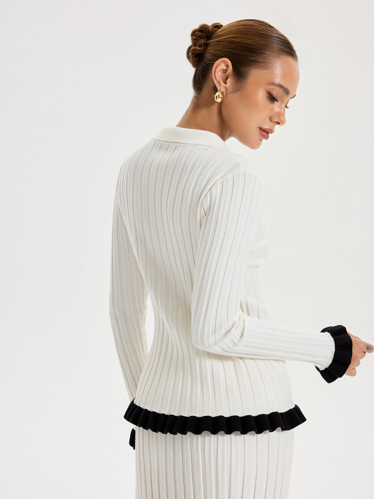 Rib-Knit Cardigan with Contrasting Ruffles Women's Stylish Layering Essential
