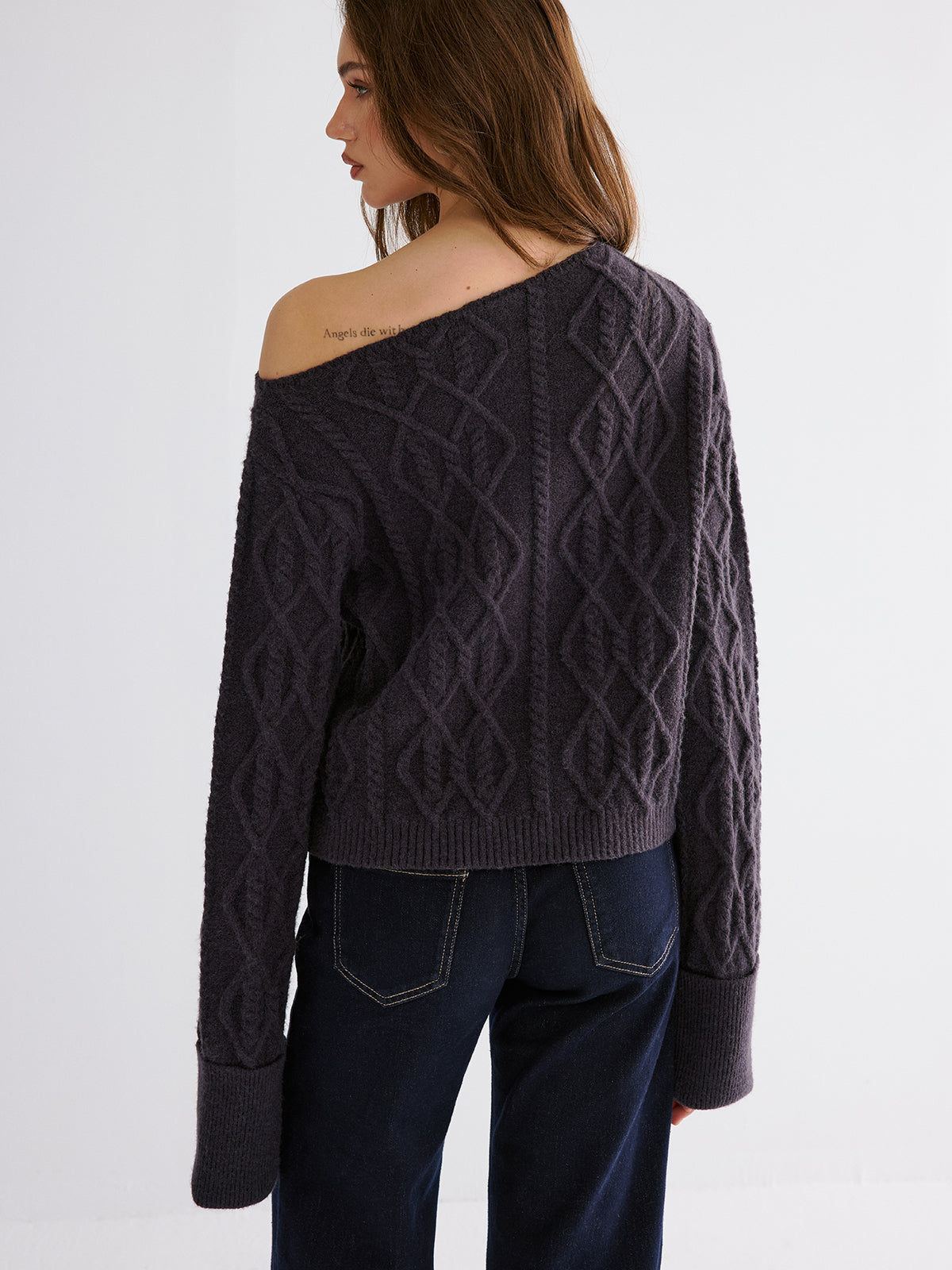 Cable Knit Off-shoulder Sweater Cozy Winter Pullover