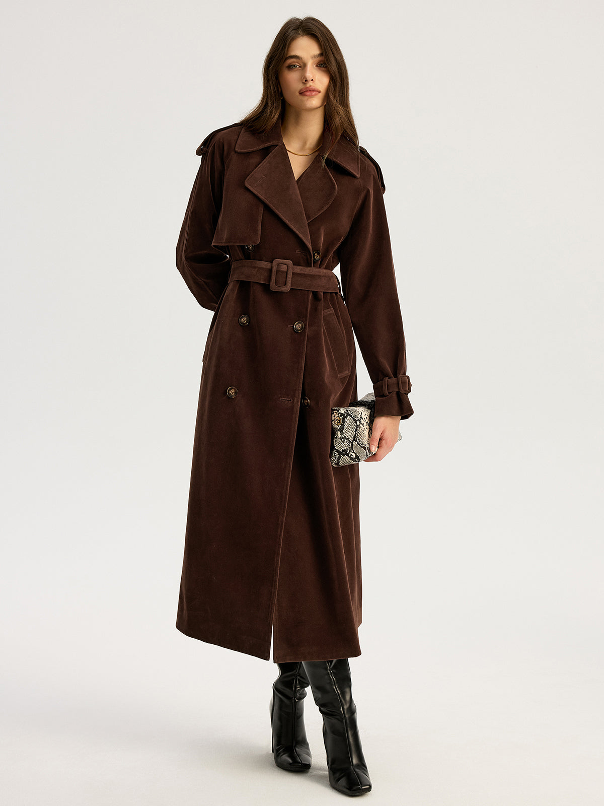 Belted Double-Breasted Suede Effect Long Trench Coat for Women's Fashion