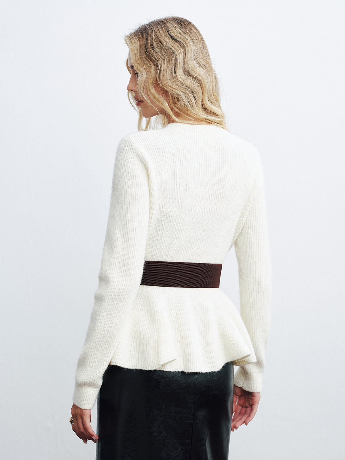 Peplum Cable-Knit Top with Wide Belt Women's Fashion Sweater