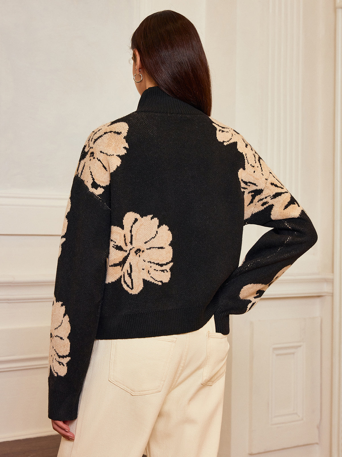 Floral Turtleneck Knit Top Comfortable Lightweight Women's Style