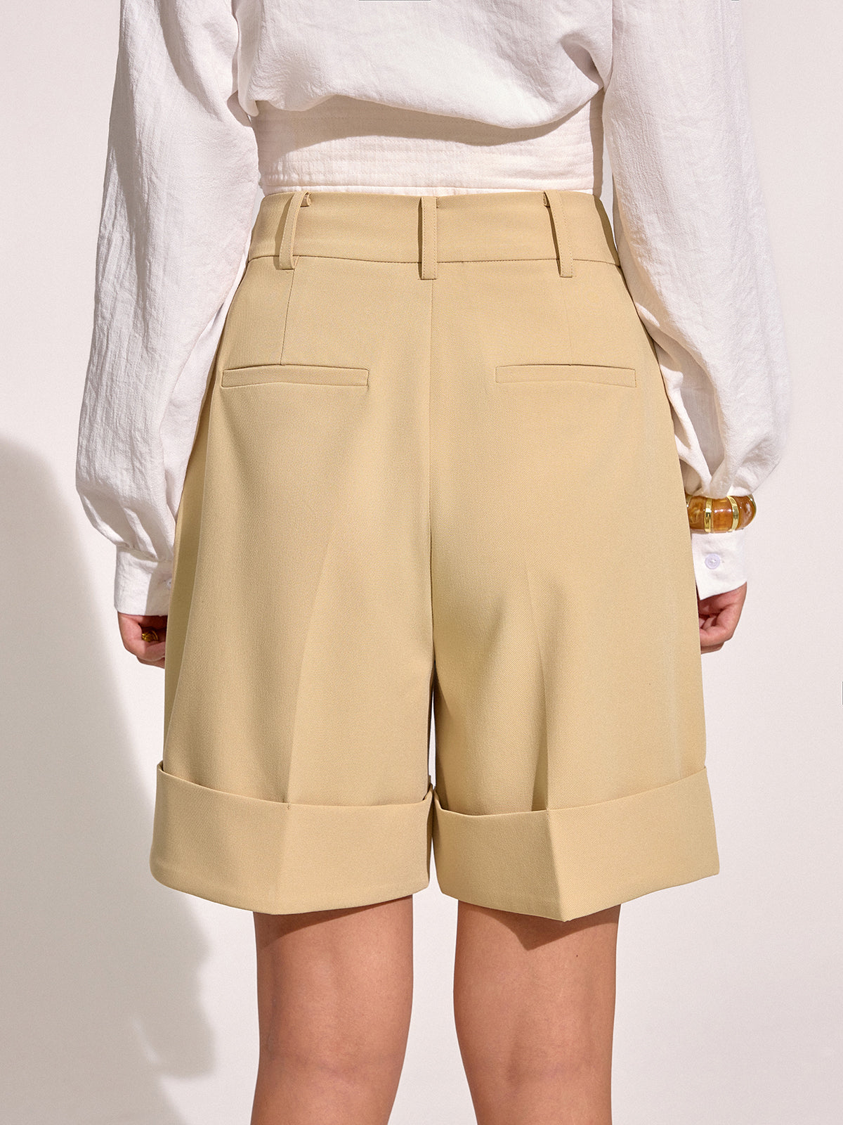 Pocket Mid-Waist Pleated Cuffed Shorts, Elastic Versatile Summer Casual Wear