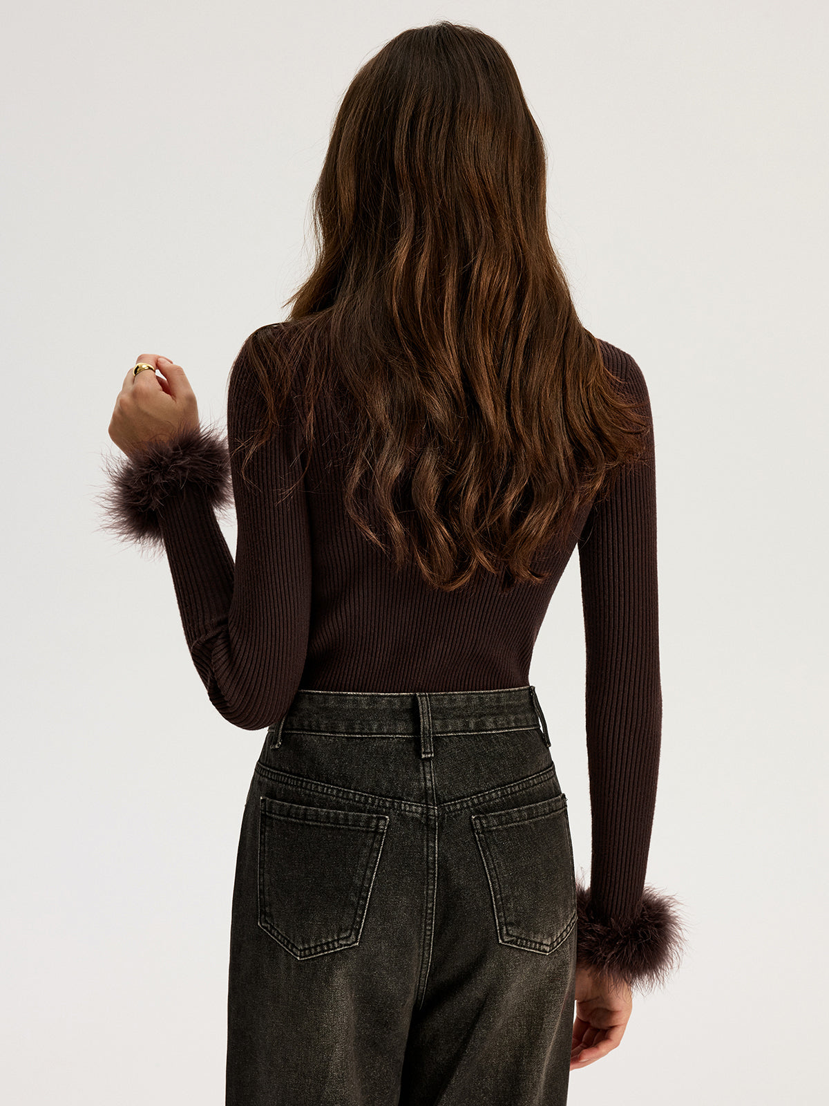 Faux Fur Cuff Ribbed Knit Top Cozy Winter Apparel
