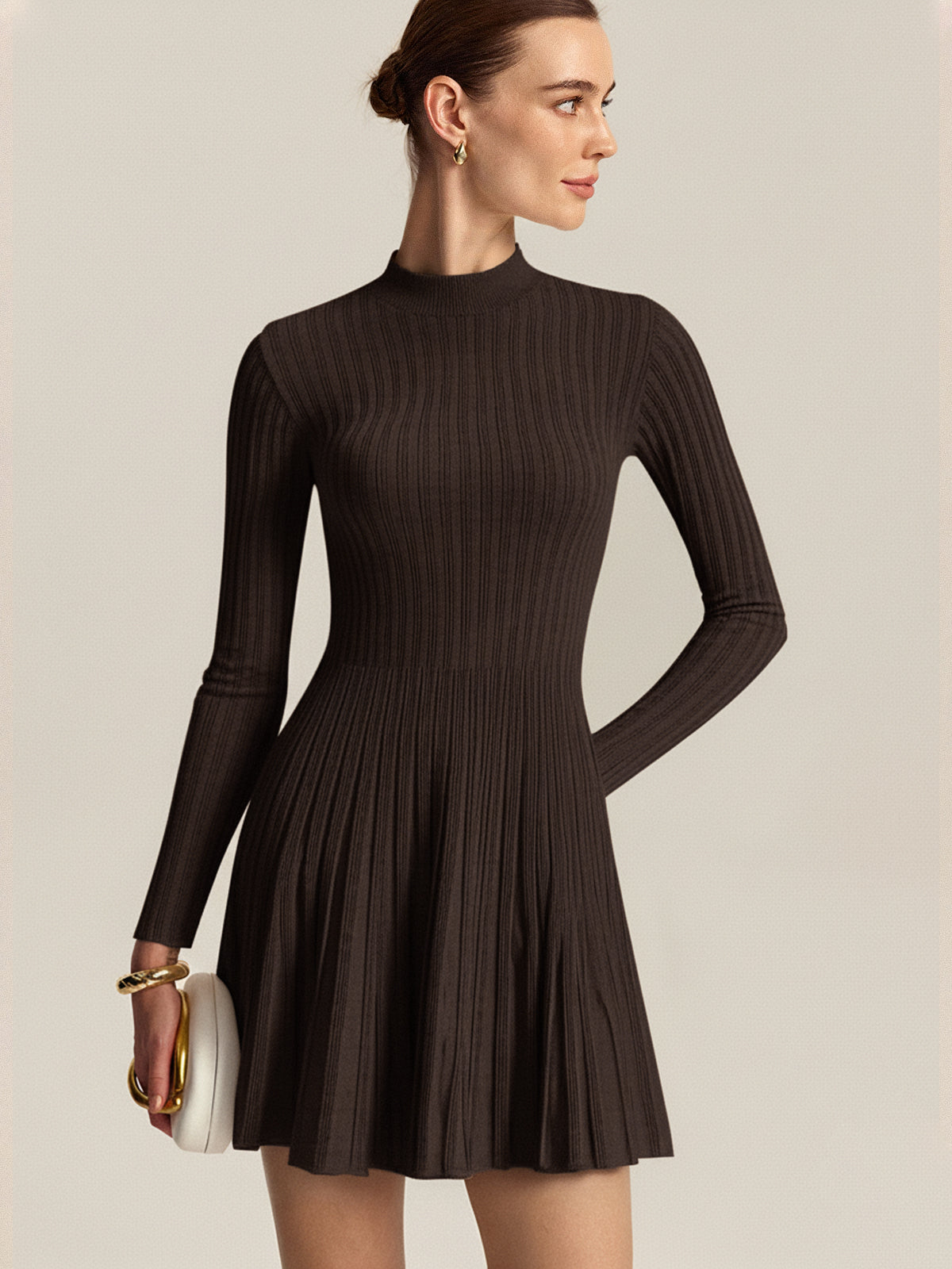 Mock Neck Flared Sweater Dress Casual Long Sleeve Winter