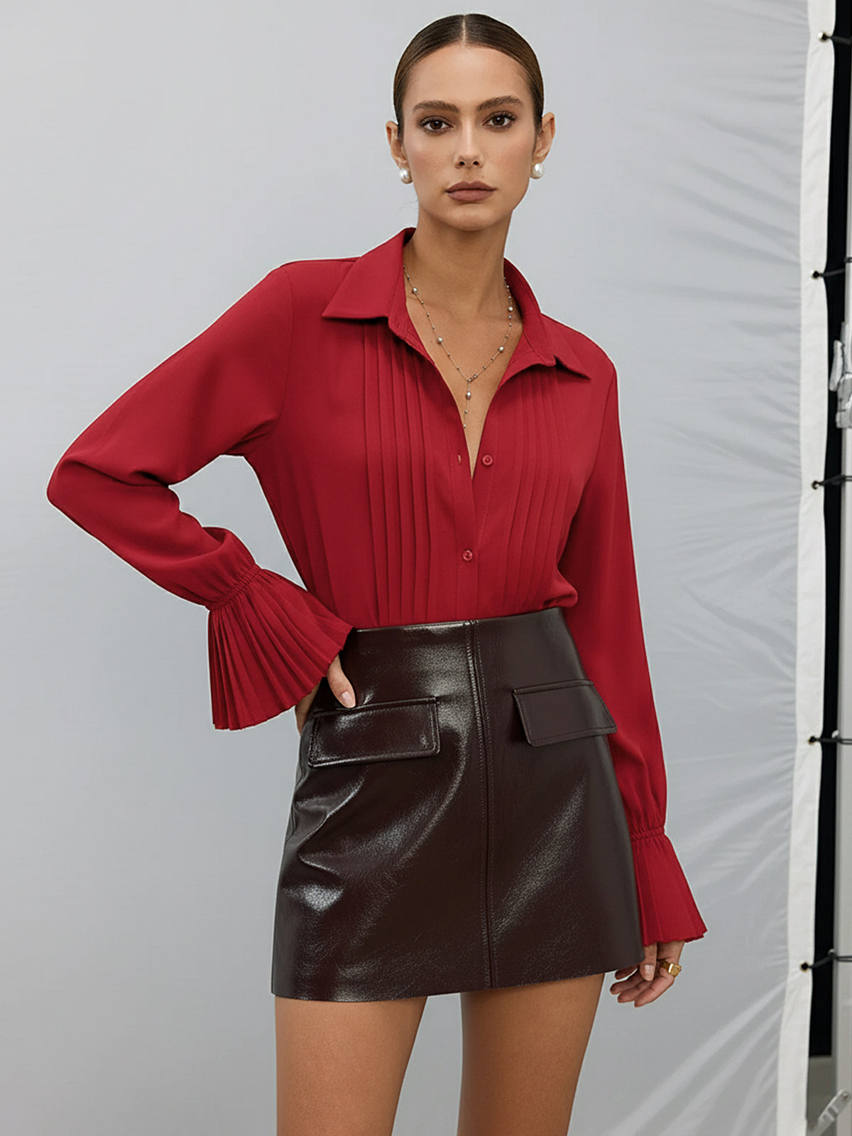 Pleated Bell Sleeve Shirt Elegant Women's Casual Wear