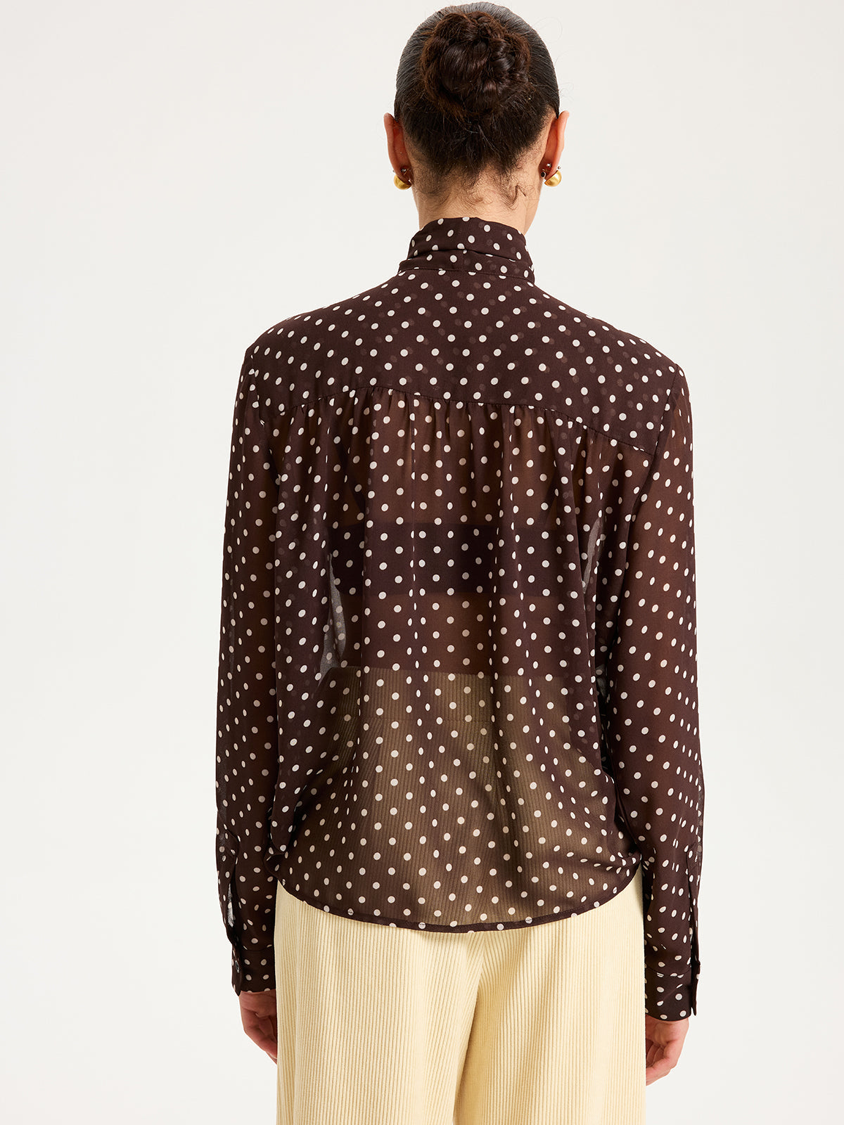 Semi-Sheer Polka Dot Chiffon Bow Blouse Women's Fashion Top