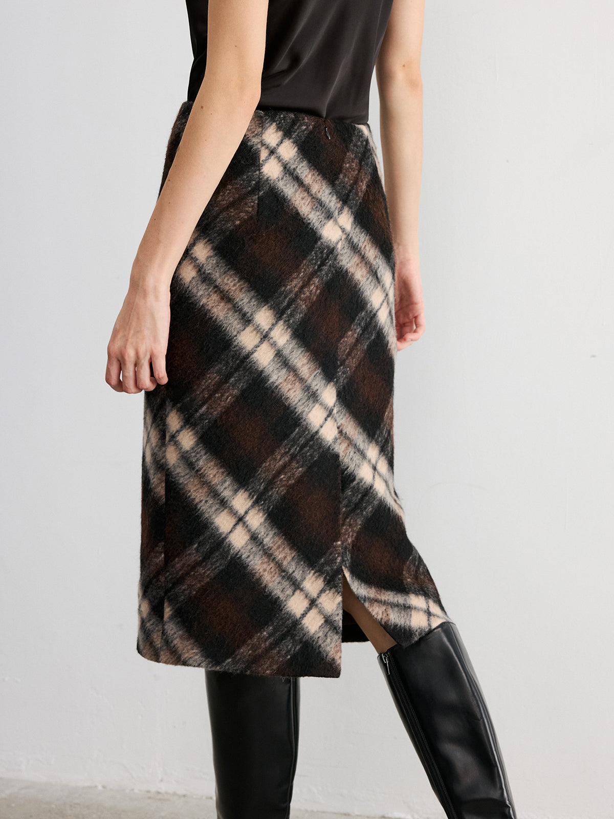 Plaid Wool-Blend Midi Pencil Skirt for Women Winter Wear