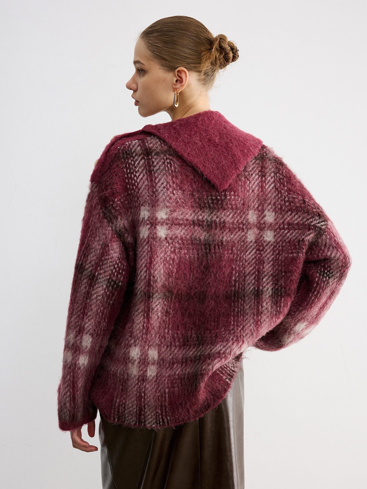 Wool Blend Plaid Asymmetric Collar Buttoned Sweater for Winter Comfort