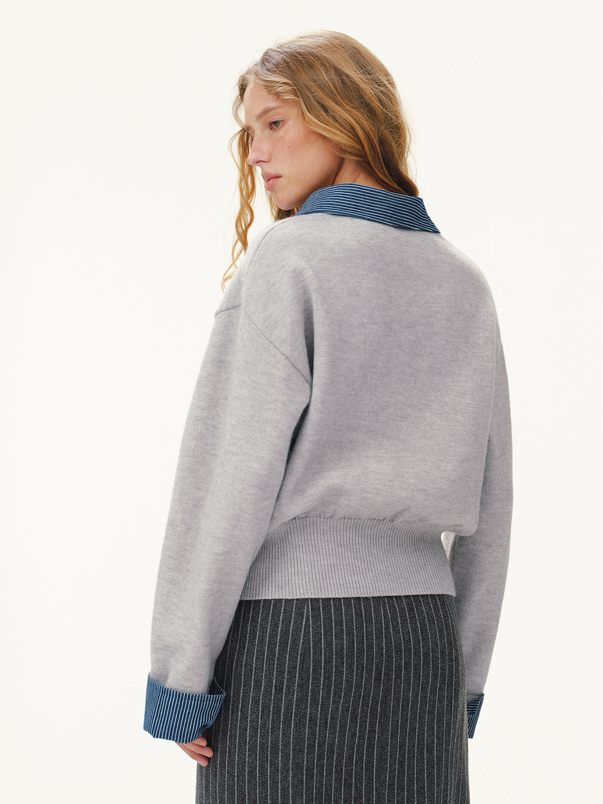 Striped Denim Panel Polo Sweater for Casual Wear