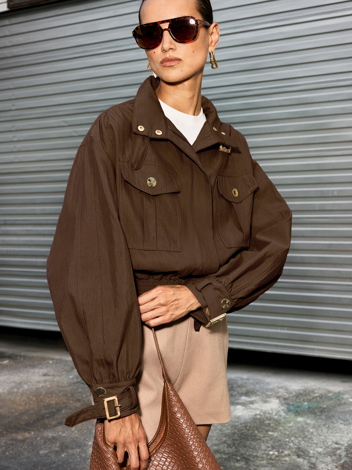 Belted Collar Cotton Blend Cropped Jacket for Women Casual Wear