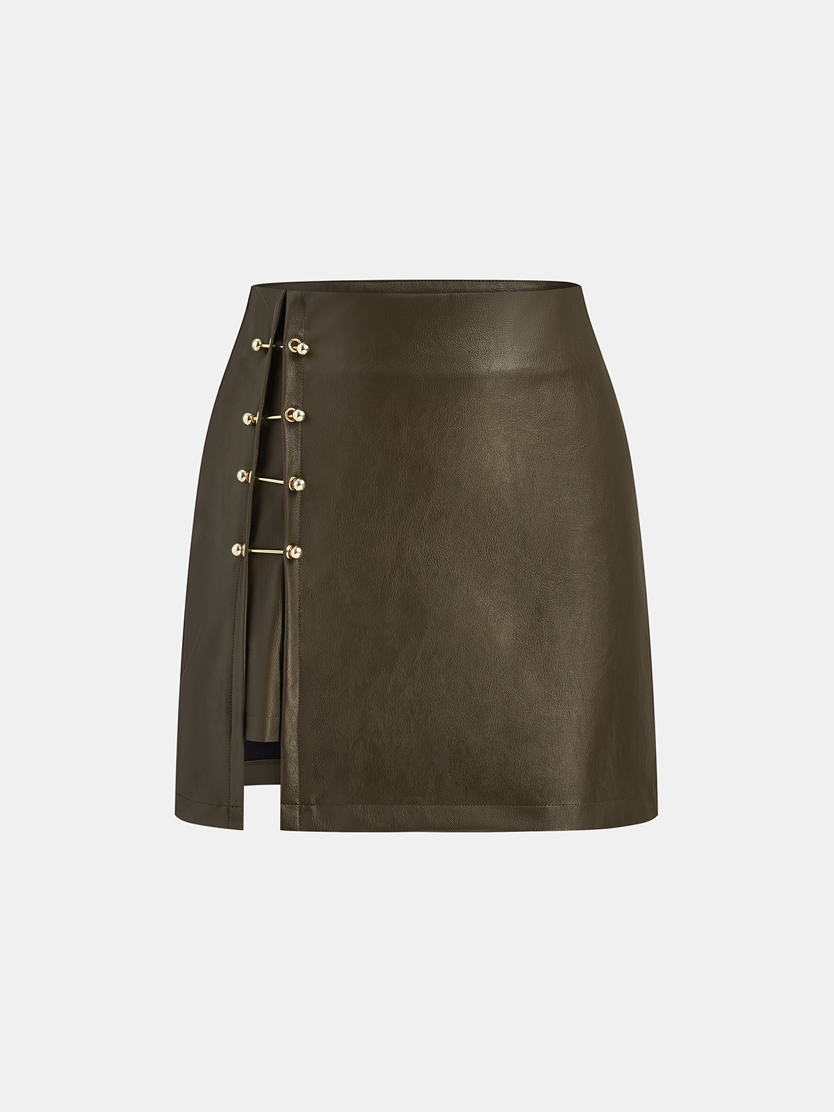 PU Leather Metal Detail Mini Skirt with High Waist Design