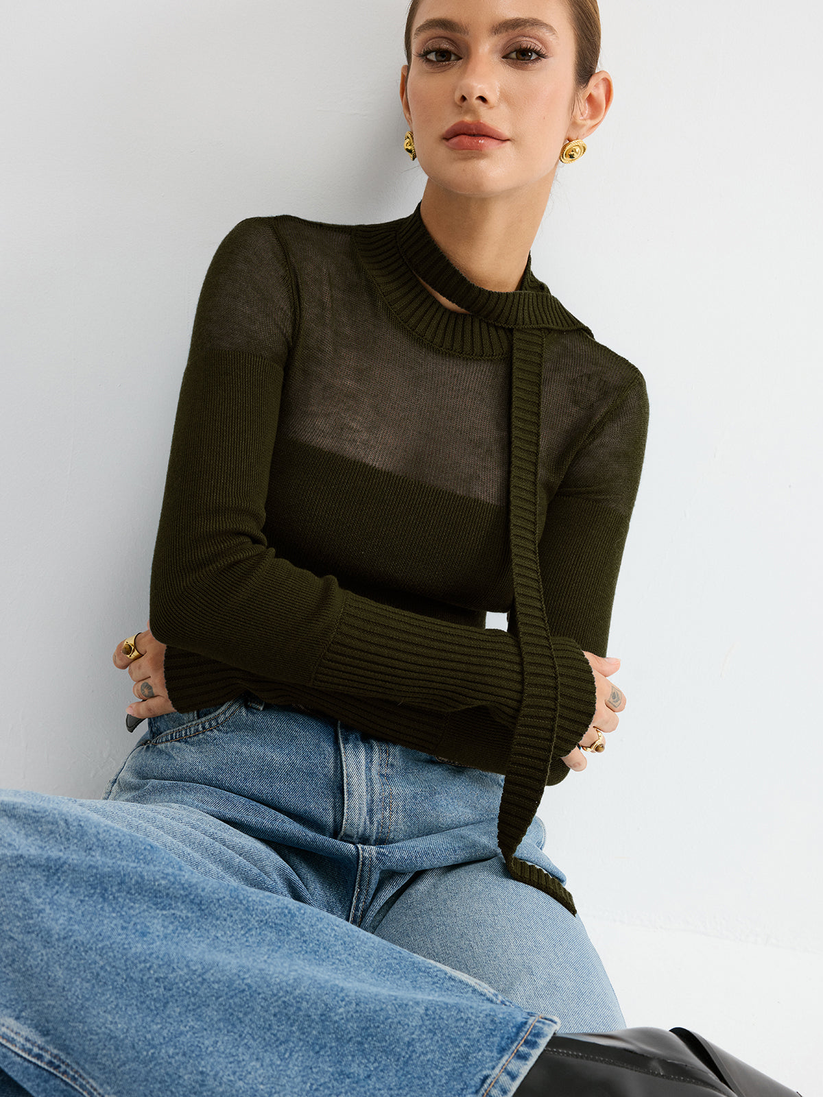 Sheer Panel Tie Neck Wool Blend Knit Top - Fashionable Comfortable Long Sleeve Pullover