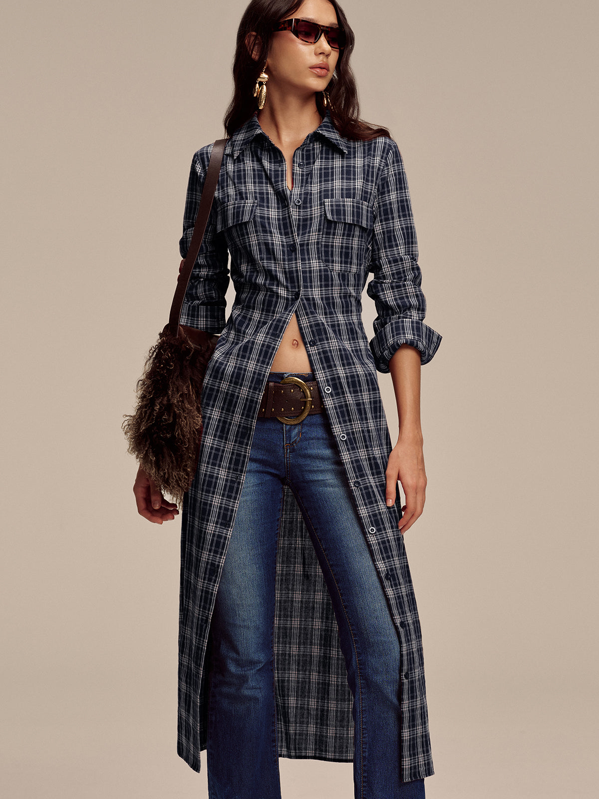 Plaid Button Front Shirt Dress with Waist Tie