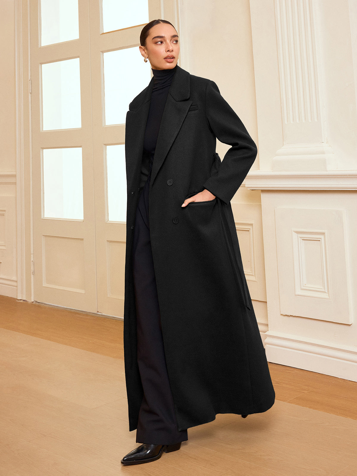 Double-Breasted Belted Long Coat for Women Winter Elegance