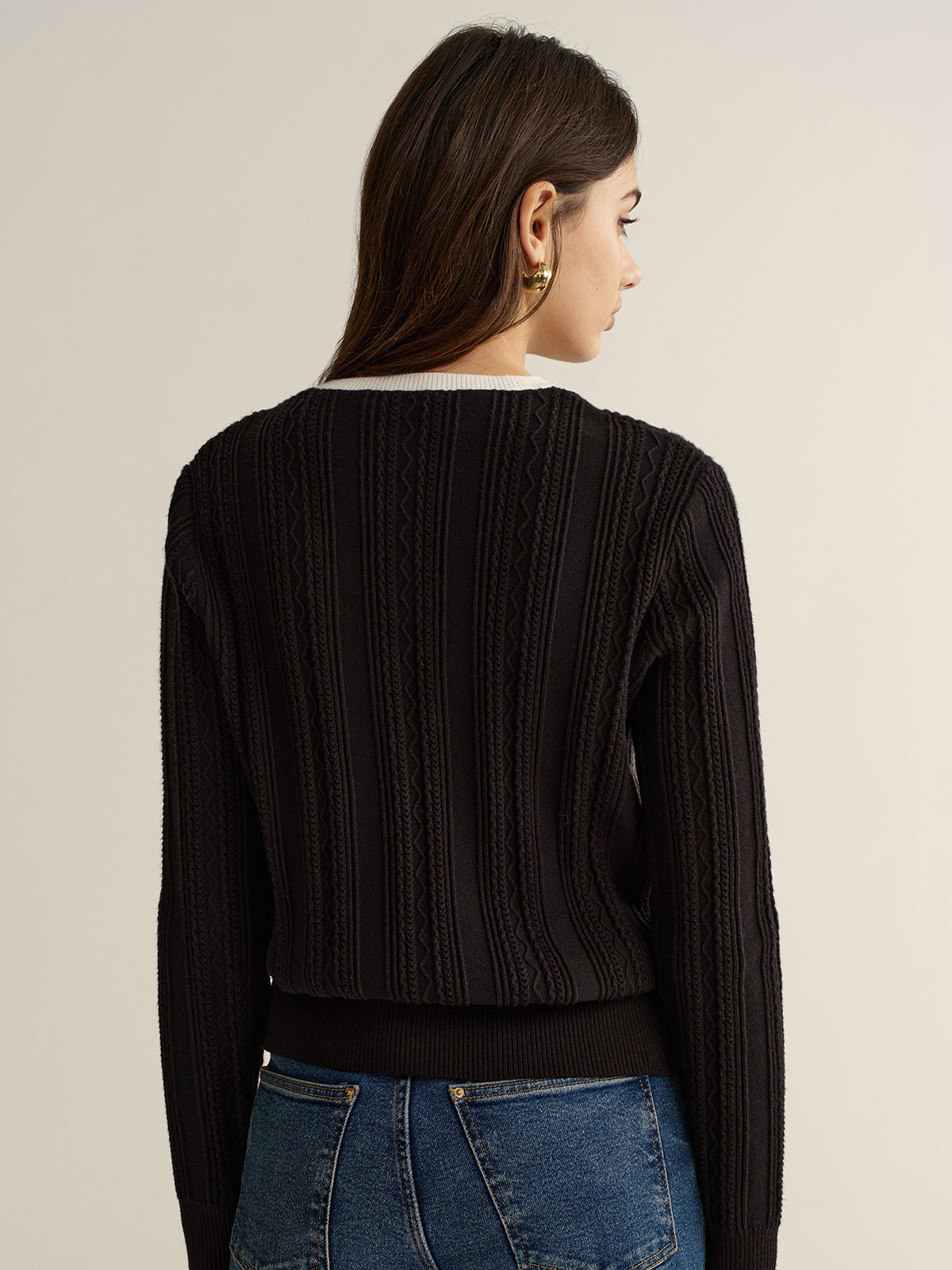 Enhanced with Dual Texture 2 in 1 Lace Trim Two-Tone Sweater for Chic Style