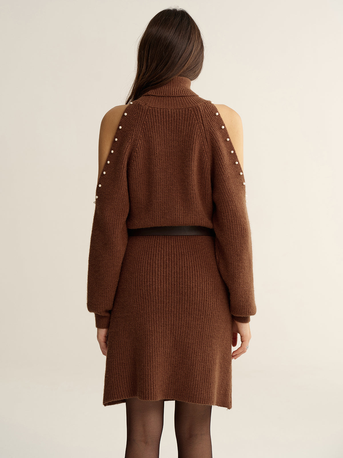 Belted Cold-Shoulder Turtleneck Knit Dress Fall Fashion Women's Essential