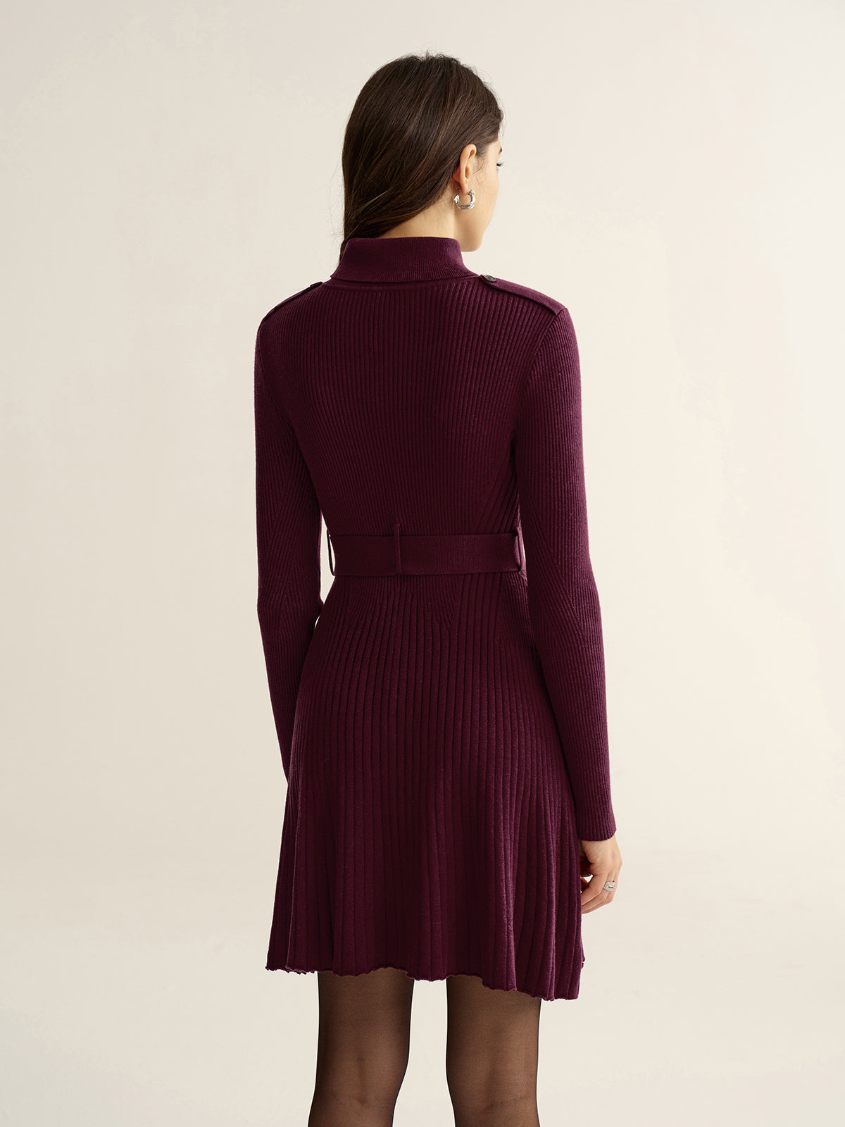 Belted Turtleneck Ribbed Knit Mini Dress Women's Winter Fashion