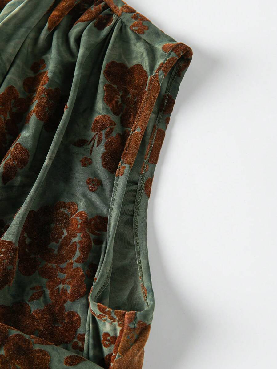 Floral Jacquard Ruched Sleeveless Top for Women Summer Casual Wear