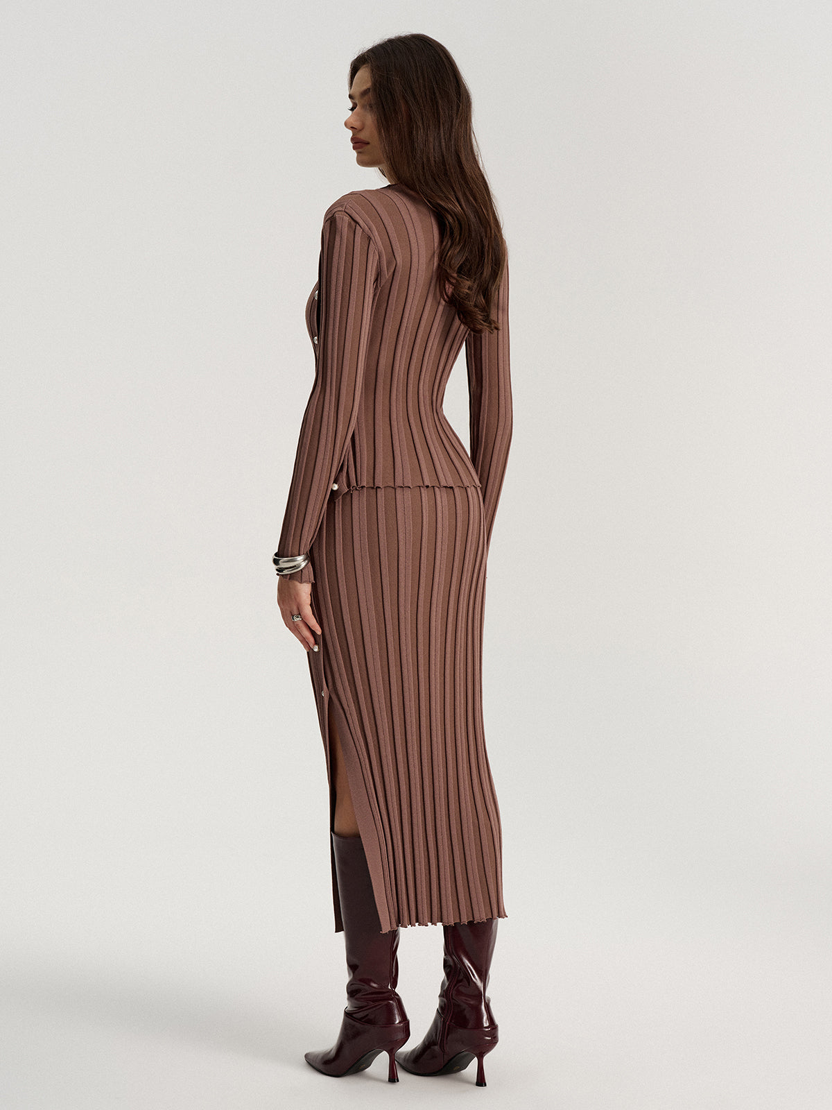 Chic Side Button Knit Top and Midi Skirt Set for Women