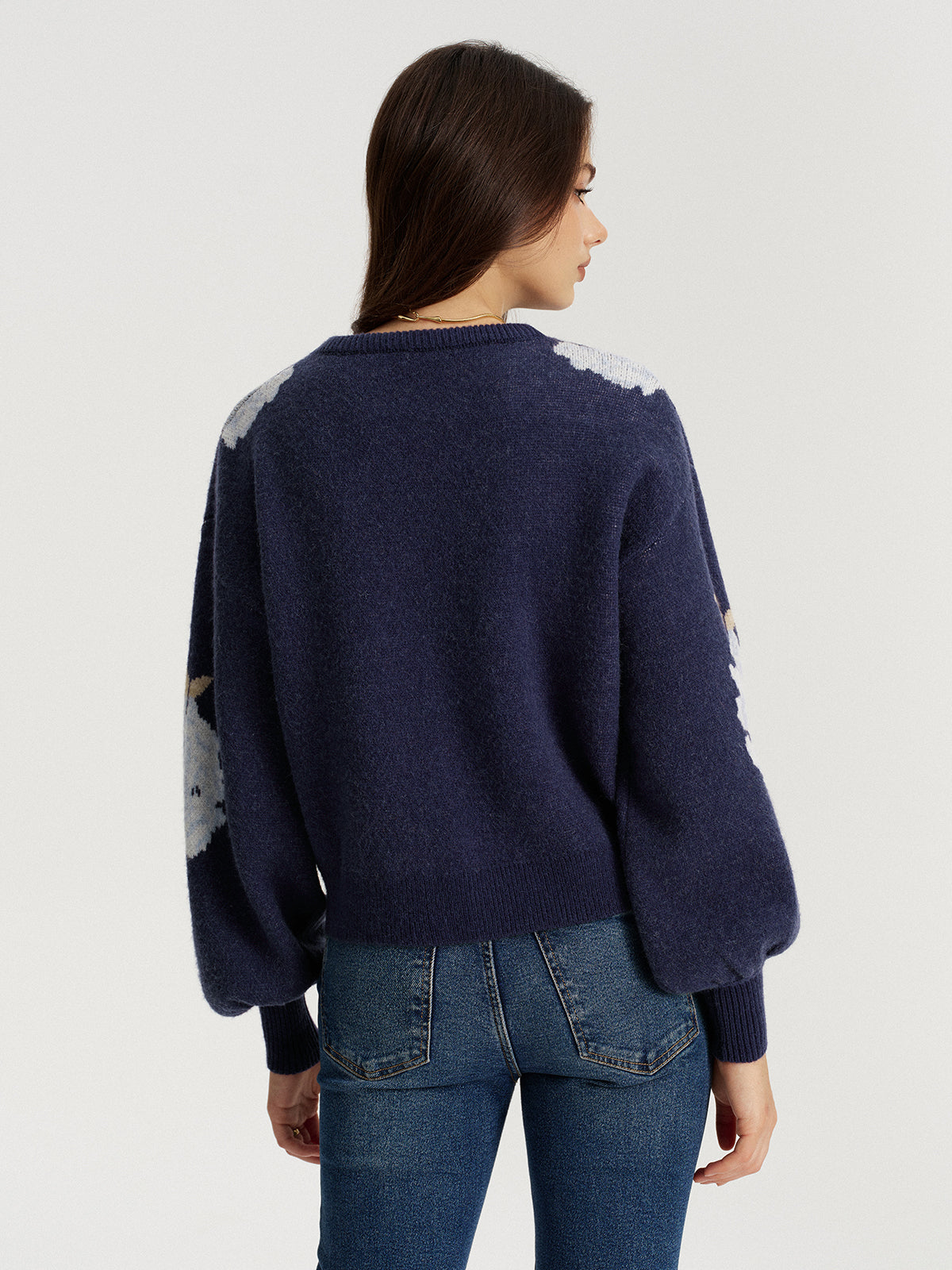 Floral Jacquard Balloon Sleeve Knit Top for Women Spring Fashion