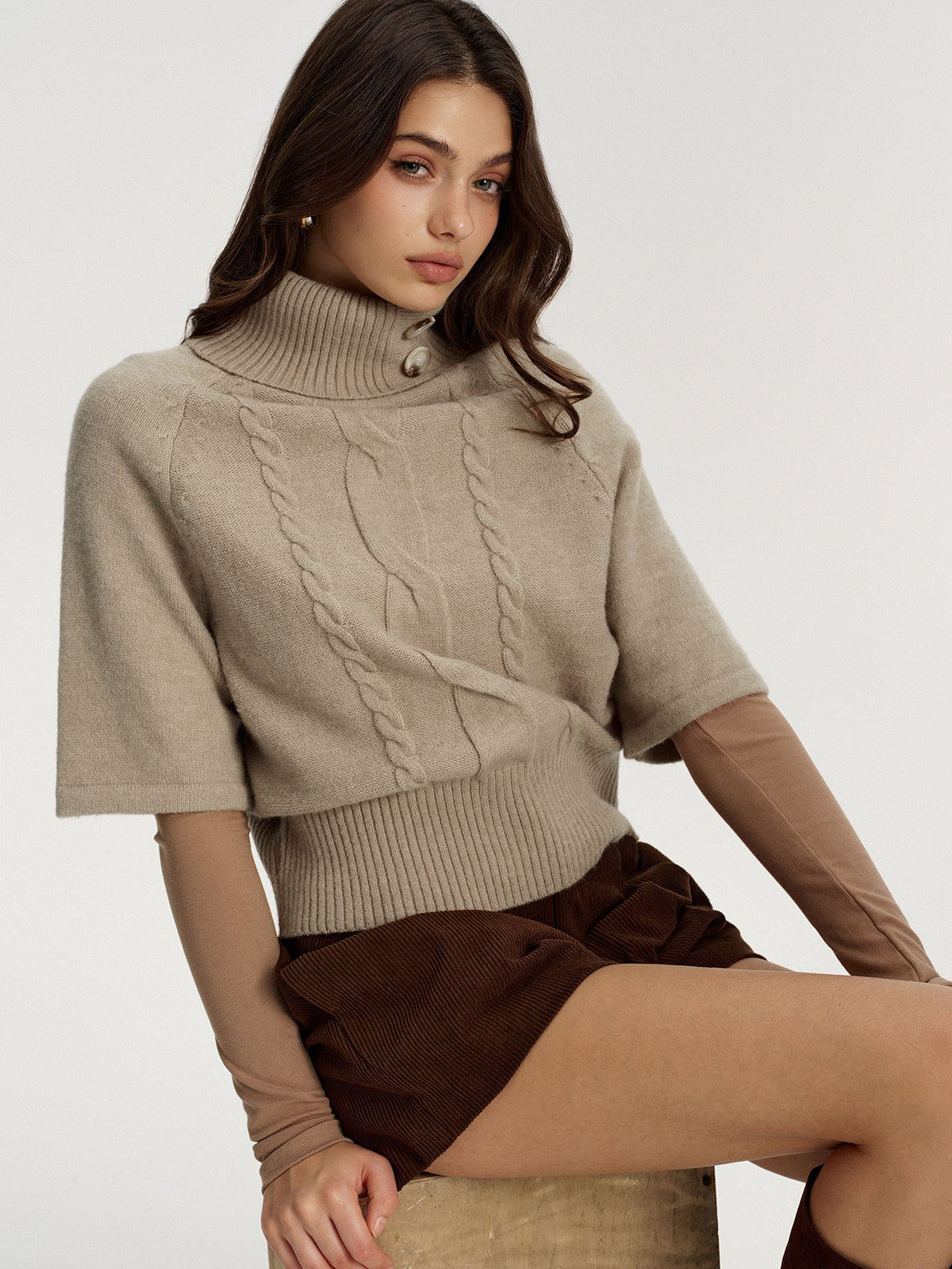 Turtleneck Cable Knit Short Sleeve Sweater without Belt, Cozy Lightweight Top for Women