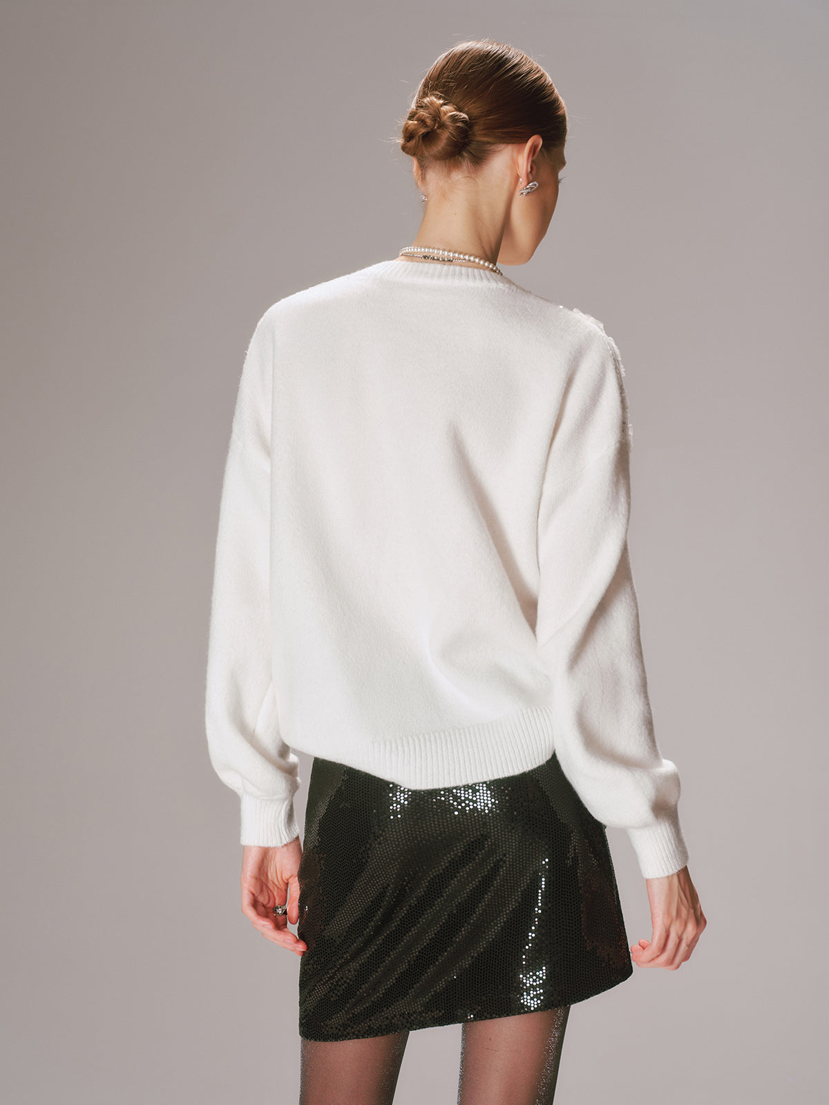 Floral Sequin Mesh Detail Sweater for Women Elegant Style