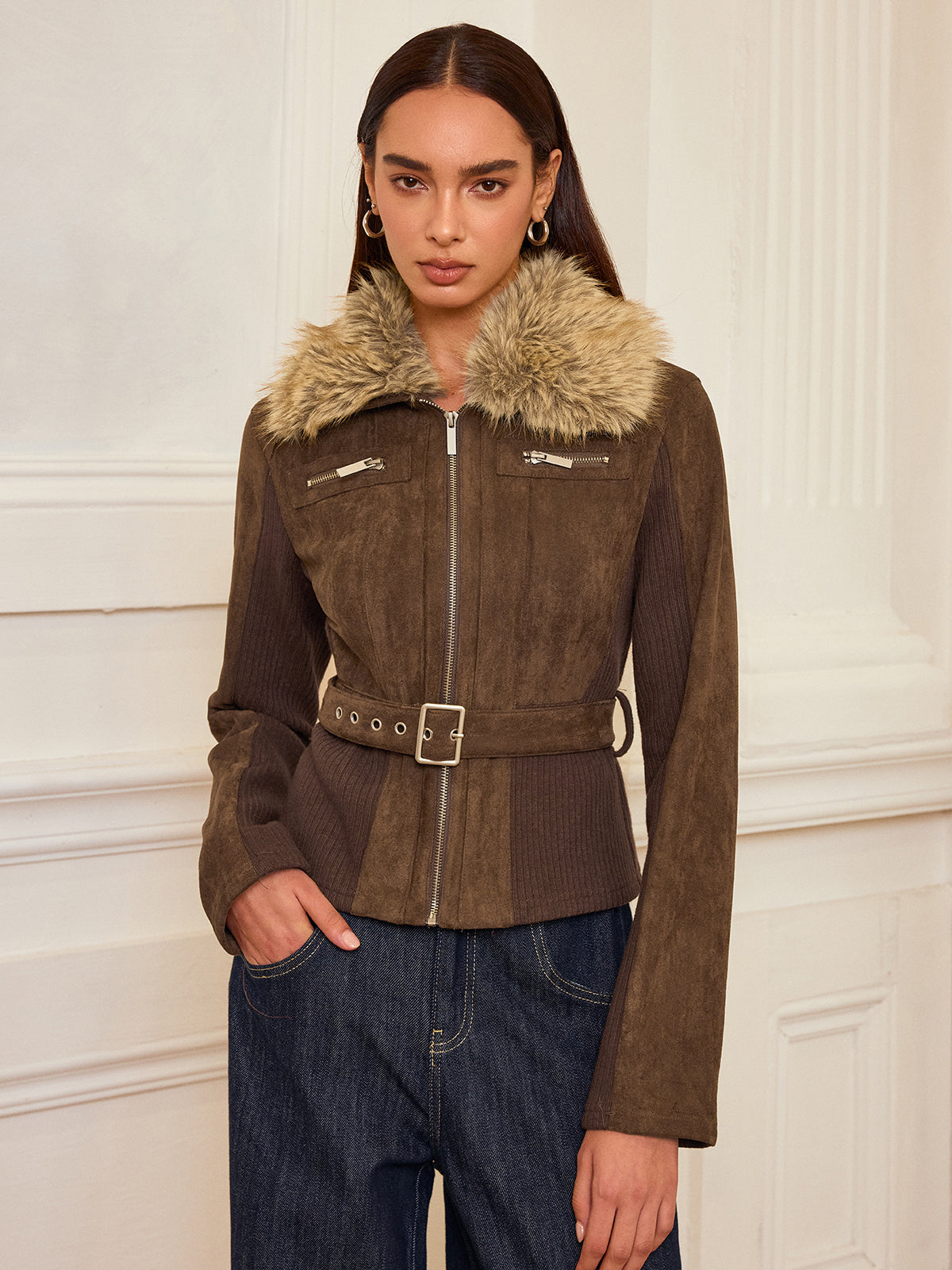 Faux Fur Collar Knit Panel Suede Effect Jacket for Women Winter Wear