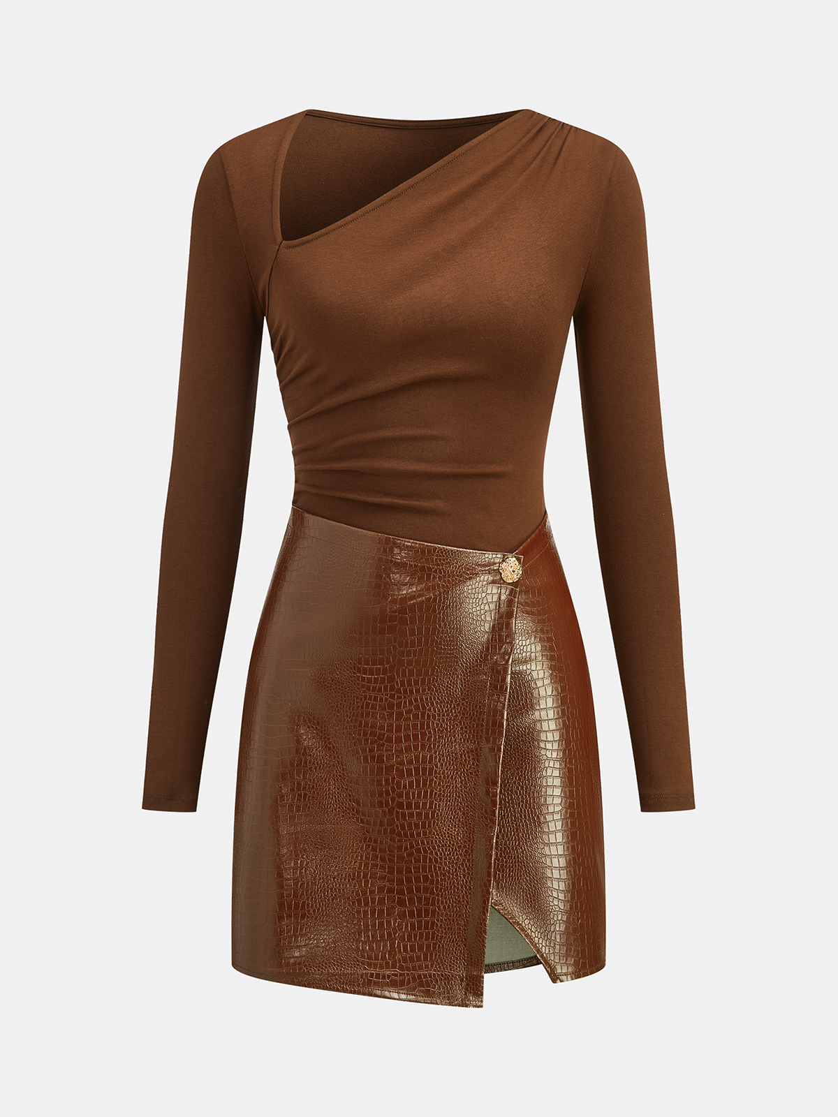 Faux Leather Paneled Knit Mini Dress with Back Zip Closure
